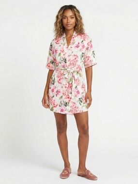 Show Me Your Mumu Robe Short Sleeve Tie Waist Floral Pink White OS